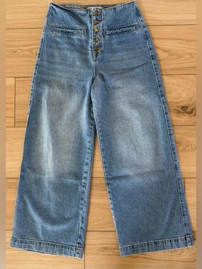 Zara High Rise Wide Leg Jeans Button Fly Cropped Denim US 4